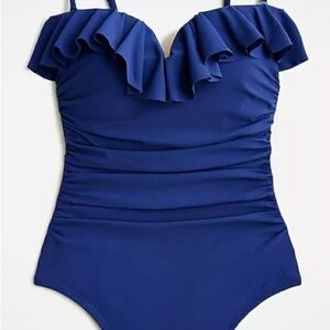NWT J. Crew Sweetheart Ruffle Ruched  One Piece Swim Suit Blue BX214 Size 8